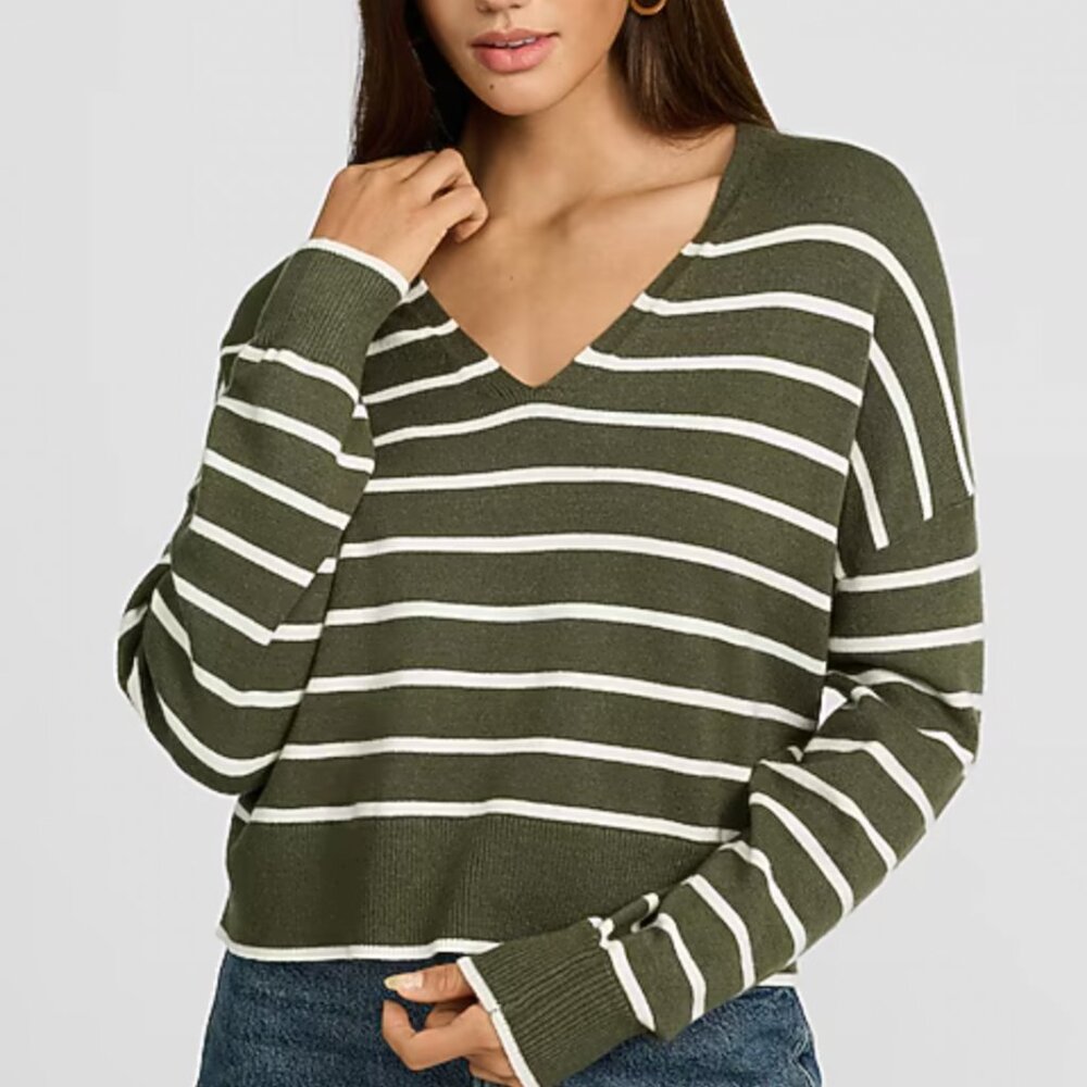 Express Ultrasoft Relaxed Striped V-Neck Sweater, olive green, size small